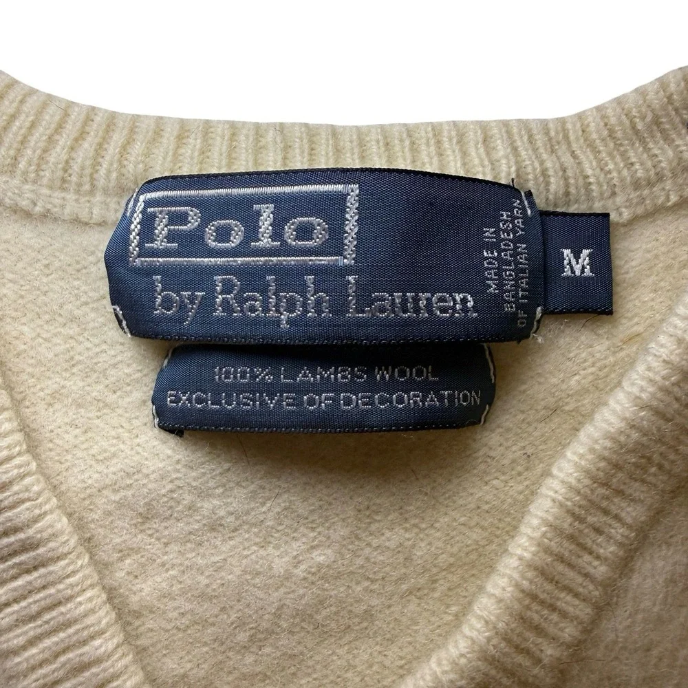 Polo Ralph Lauren V-Neck Sweater Mens M Cream Fair 100% Lambswool Knit Pullover